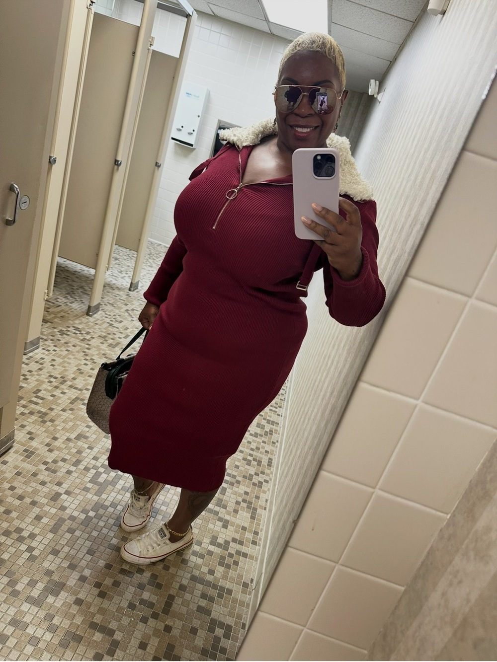 Ribbed Zip-Front Sweater Dress with Faux Shearling Collar - Burgundy♥️